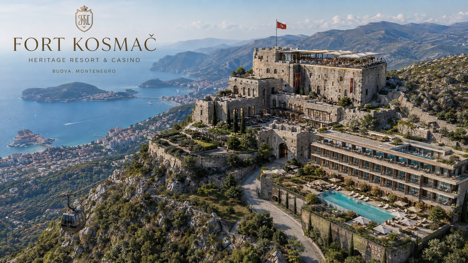Fort Kosmač Heritage Resort concept render — daytime aerial view above Budva