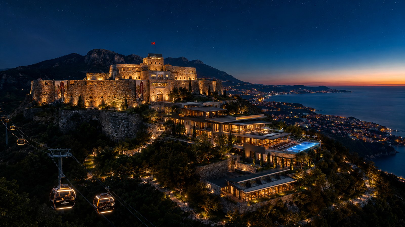 Fort Kosmač Heritage Resort concept render — night aerial view with gondola