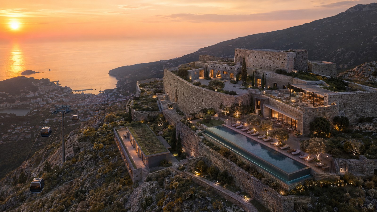 Fort Kosmač Heritage Resort concept render — sunset view of terraced pool and fortress