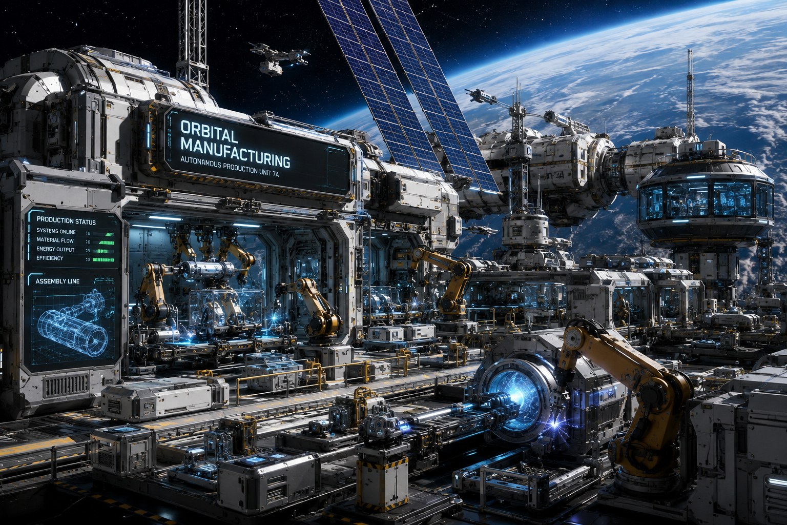 Concept visualization of an autonomous orbital manufacturing unit